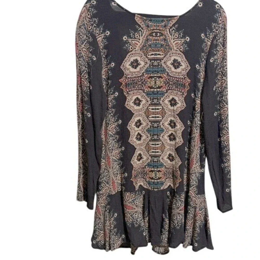 Free People Boho Paisley Medallion Open Back Mini Dress‎ Black Multi Medium